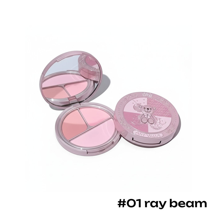 Палетка рум'ян Art Value, 3 кольори з дзеркалом, 01 Ray Beam