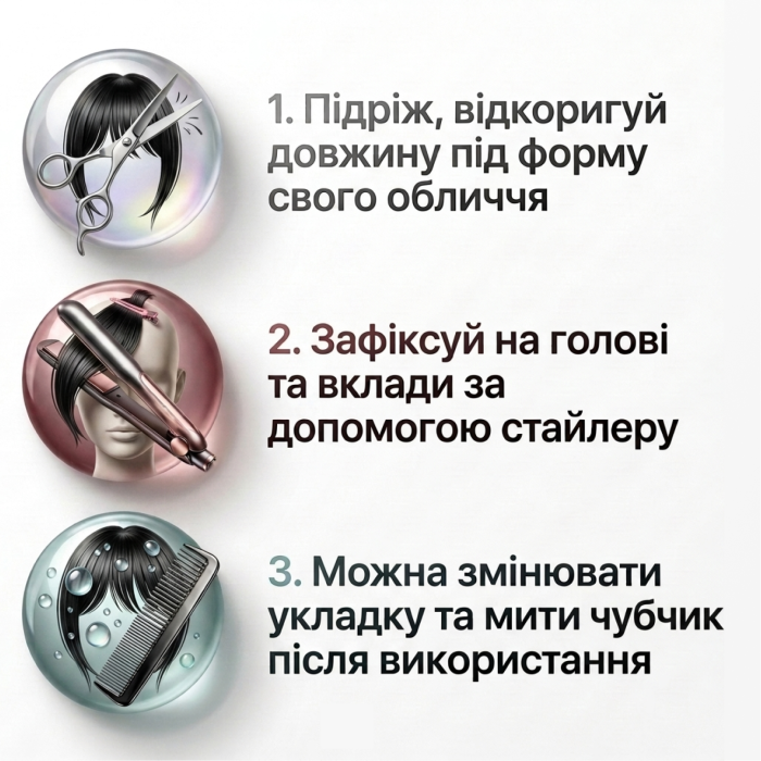 Чубчик шторка з натуральноподібного волосся, 23 см, Чорний відтінок